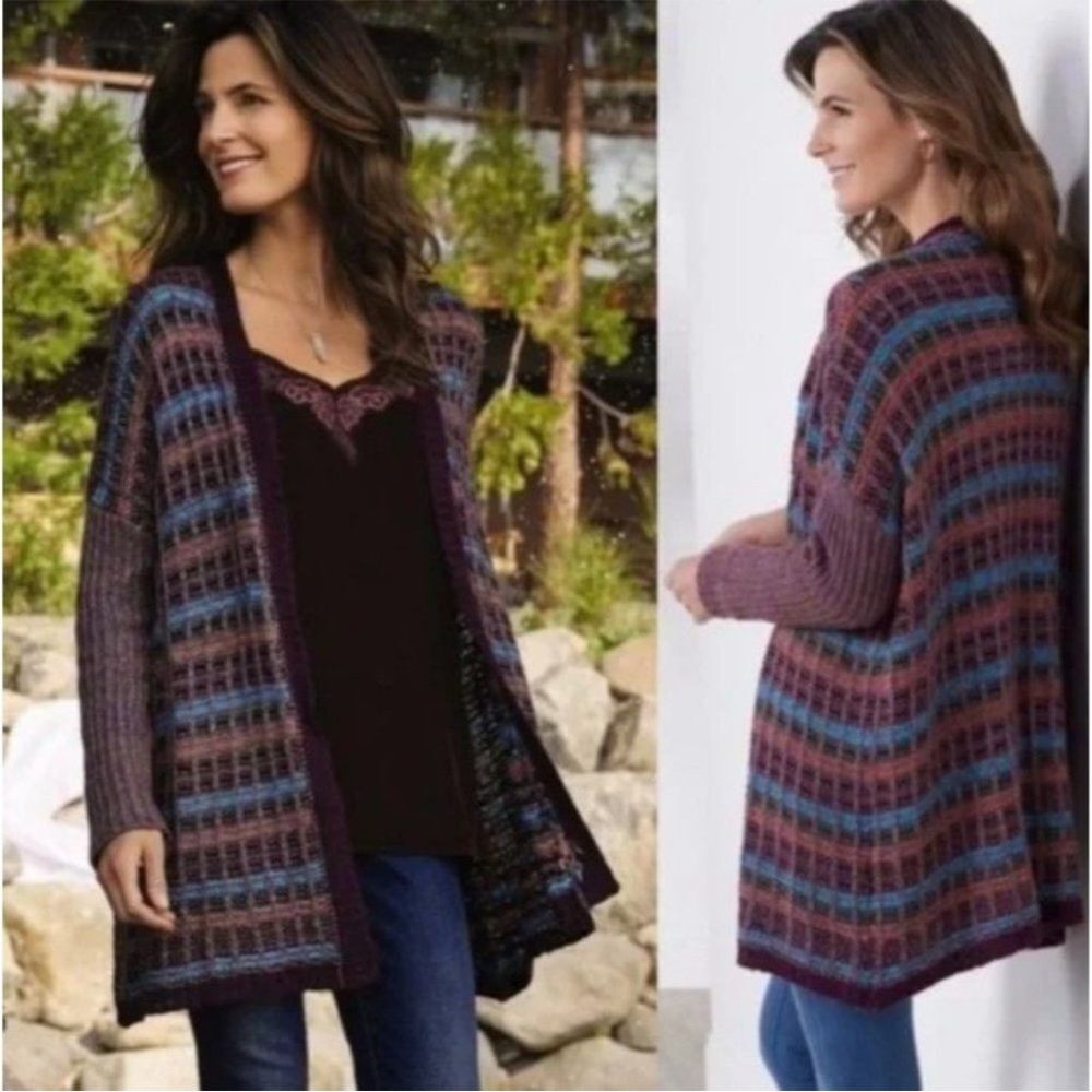 Soft Surroundings Purple Multi Stripe Eirene Open Front Cardigan
